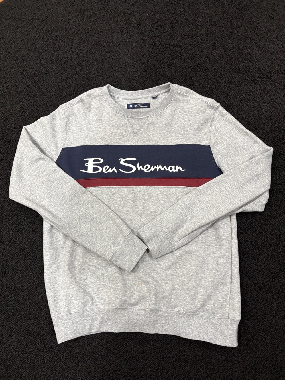 Ben Sherman Light Gray Crewneck Sweatshirt with Navy and Burgundy Stripe